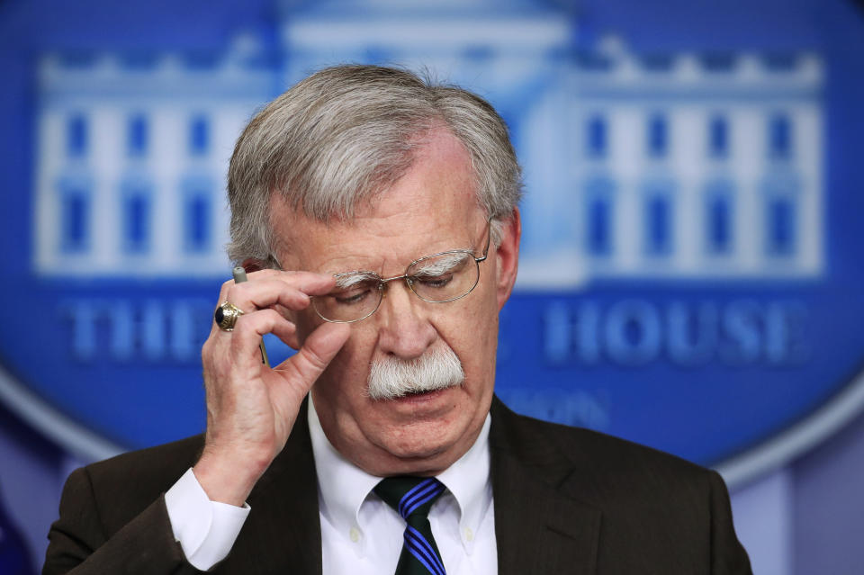 FILE - In this Nov. 27, 2018 file photo, National security adviser John Bolton speaks to reporters during the daily press briefing in the Brady press briefing room at the White House in Washington. Trump says he fired national security adviser John Bolton, says they 'disagreed strongly' on many issues. (AP Photo/Manuel Balce Ceneta)