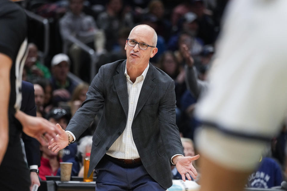 UConn coach Dan Hurley reacts to an official during the first half of the team's NCAA college basketball game against Gonzaga, Friday, Dec. 15, 2023, in Seattle. (AP Photo/Lindsey Wasson)