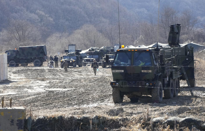U.S. Army's vehicles are seen in Paju, South Korea, near the border with North Korea, Monday, March 13, 2023. The South Korean and U.S. militaries launched their biggest joint military exercises in years Monday, as North Korea said it conducted submarine-launched cruise missile tests in apparent protest of the drills it views as an invasion rehearsal. (AP Photo/Ahn Young-joon)