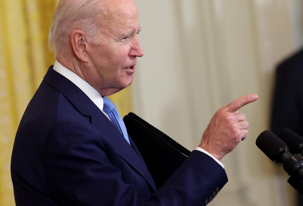 President Joe Biden delivers remarks during a joint press conference with Britain's leader Rishi Sunak in the East Room of the White House on June 8, 2023 in Washington, D.C..