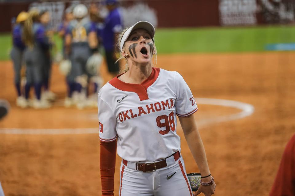 OU pitcher Jordy Bahl (98) yells to the crowd during the Sooners' regional opener against Prairie View A&M on Friday in Norman.