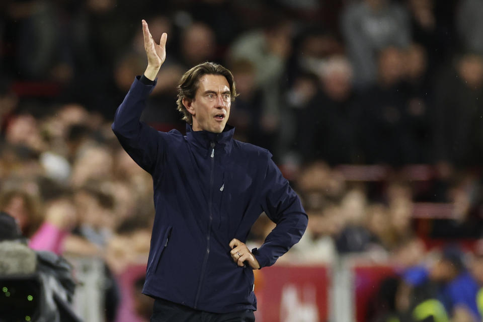 Brentford's head coach Thomas Frank gestures during the English League Cup third round soccer match between Brentford and Arsenal at the Gtech Community Stadium, in London Wednesday, Sept. 27, 2023. (AP Photo/Ian Walton)