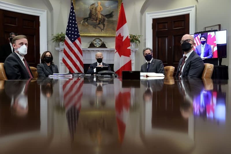 U.S. President Biden holds videoconference with Canadian Prime Minister Trudeau at the White House in Washington