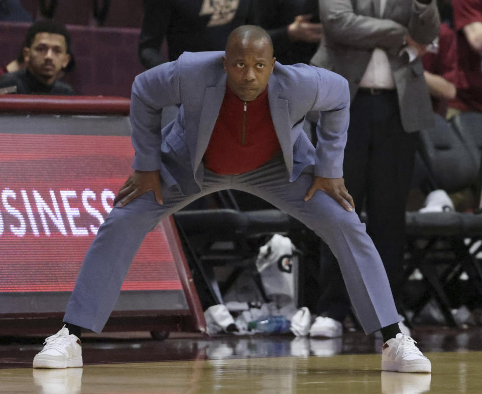 Boston College coach Earl Grant watches during the second half of the team's NCAA college basketball game against Virginia Tech, Tuesday, Jan. 23, 2024, in Blacksburg, Va. (Matt Gentry/The Roanoke Times via AP)