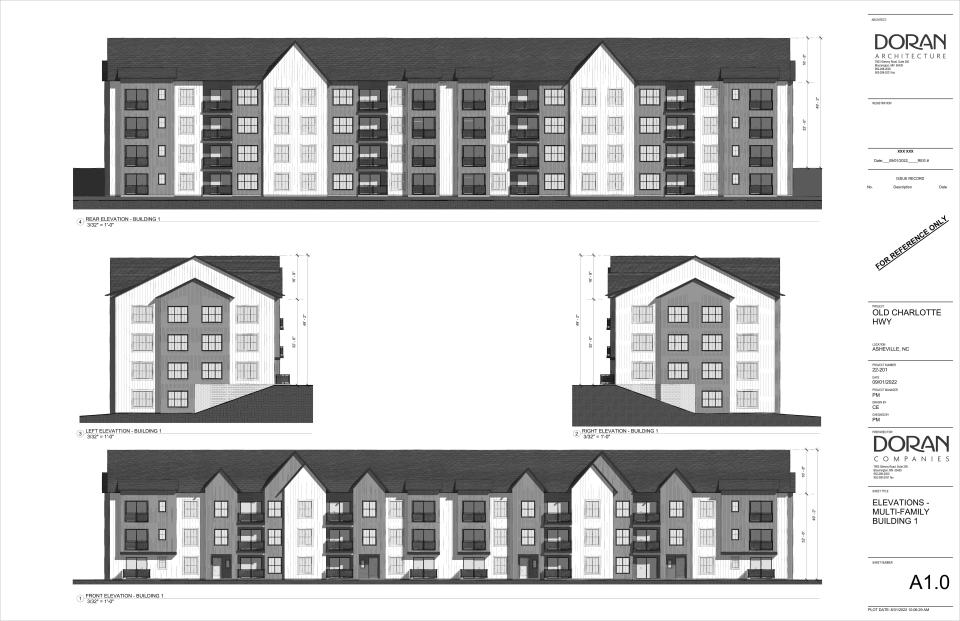 Plans for one of the apartment buildings at Old Charlotte Doran, a residential project on Old Charlotte Road. Minneapolis-based developer Doran Companies designed these documents.