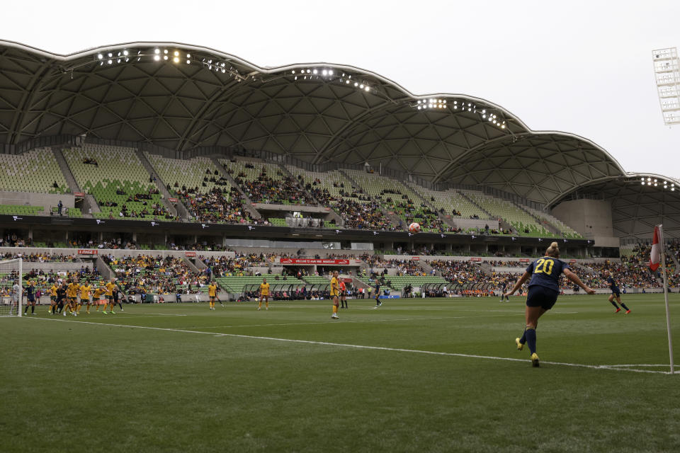 Sweden's Hanna Bennison, right, takes a corner kick against Australia during their women's friendly soccer match in Melbourne, Australia, Saturday, Nov. 12, 2022. (Asanka Brendon Ratnayake)