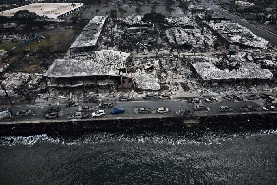 An aerial image taken on 10 August 2023 shows destroyed buildings on the waterfront burned to the ground in Lahaina in the aftermath of wildfires in western Maui, Hawai (AFP via Getty Images)