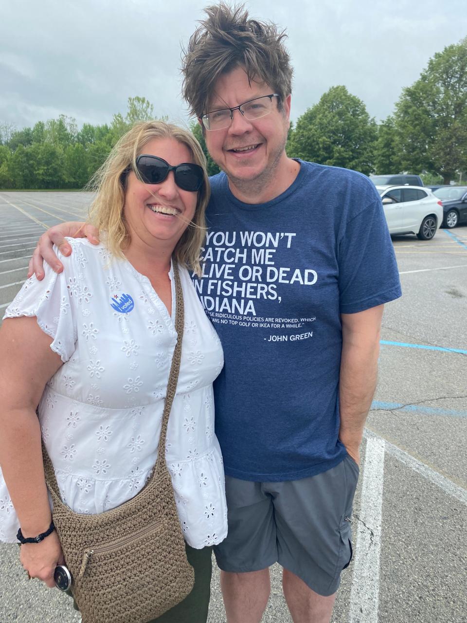 Kathy Koehler (left) said she supported the Pike schools referendum, and Matthew Smith said it was important to him to come out and vote against Mike Braun for governor.