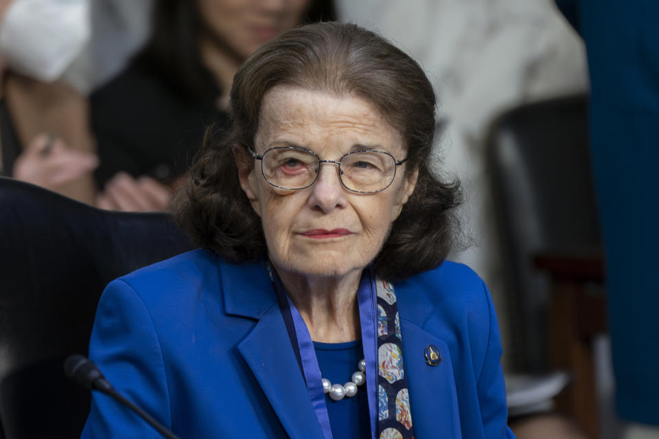 FILE - Sen. Dianne Feinstein, D-Calif., returns to the Senate Judiciary Committee following a more than two-month absence, at the Capitol in Washington, May 11, 2023. (AP Photo/J. Scott Applewhite, File)