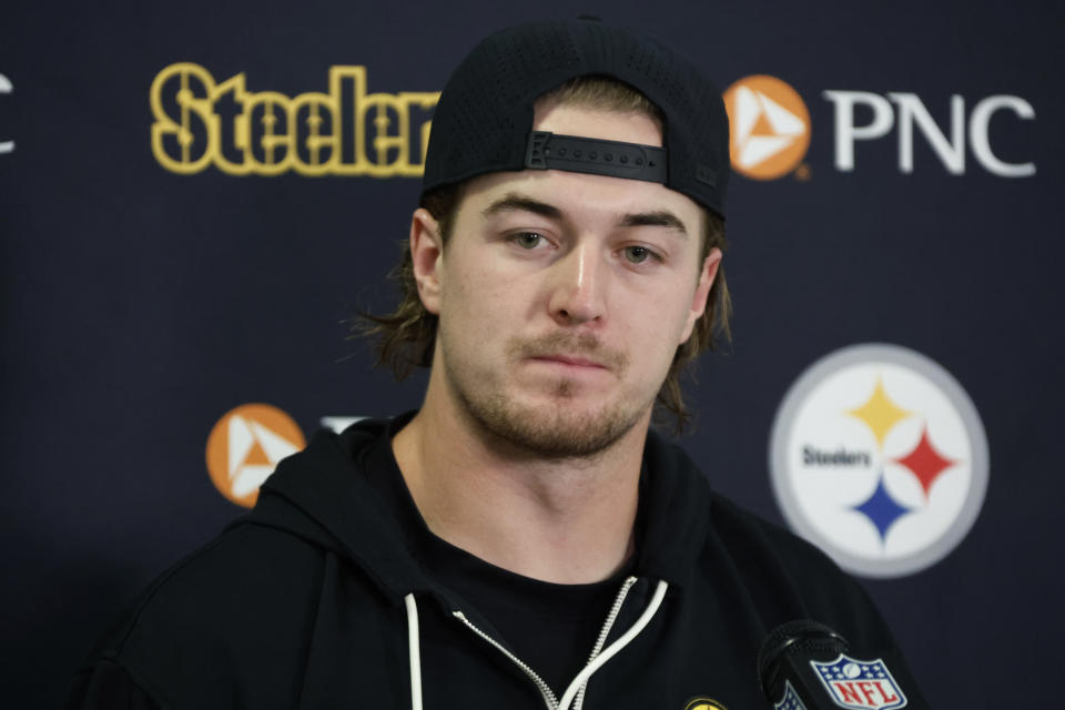 Pittsburgh Steelers quarterback Kenny Pickett speaks during a news conference after an NFL football game against the Cleveland Browns, Sunday, Nov. 19, 2023, in Cleveland. (AP Photo/Ron Schwane)