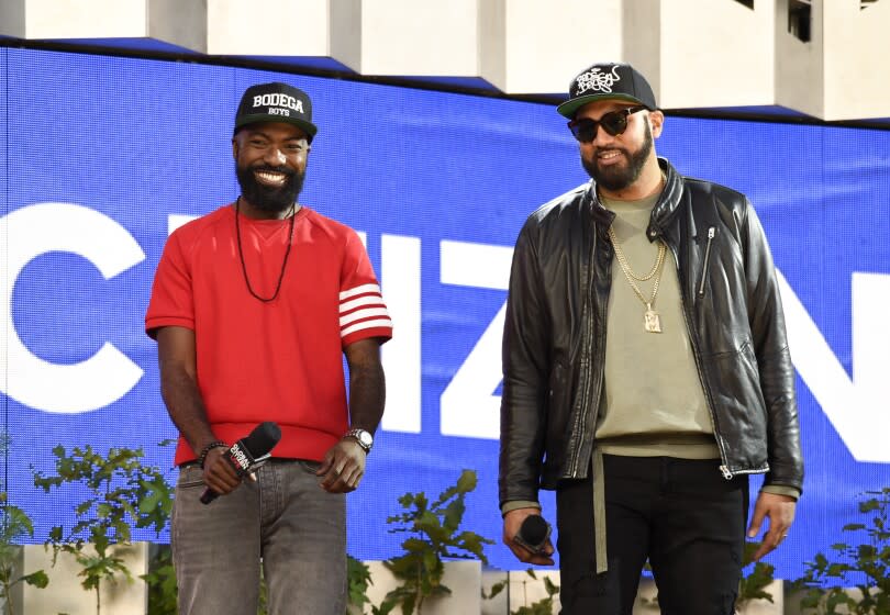 The Kid Mero, left, and Desus Nice speak at Global Citizen Live in Central Park on Saturday, Sept. 25, 2021, in New York. (Photo by Evan Agostini/Invision/AP)