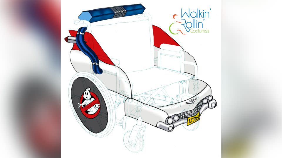 Sketches like this rendering of a "Ghostbusters" Ecto-1 vehicle show how the finished costume will look and fit over the wheelchair. - Walkin' & Rollin' Costumes