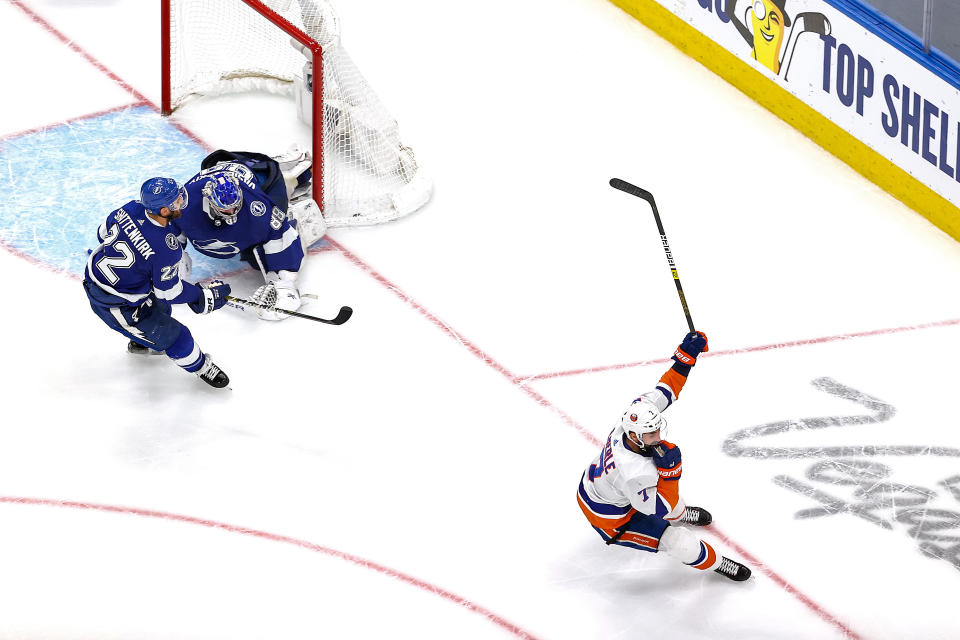 EDMONTON, ALBERTA - SEPTEMBER 15:  Jordan Eberle #7 of the New York Islanders celebrates after scoring the game-winning goal past Andrei Vasilevskiy #88 of the Tampa Bay Lightning during the second overtime period to give the Islanders the 2-1 victory in Game Five of the Eastern Conference Final during the 2020 NHL Stanley Cup Playoffs at Rogers Place on September 15, 2020 in Edmonton, Alberta, Canada. (Photo by Bruce Bennett/Getty Images)