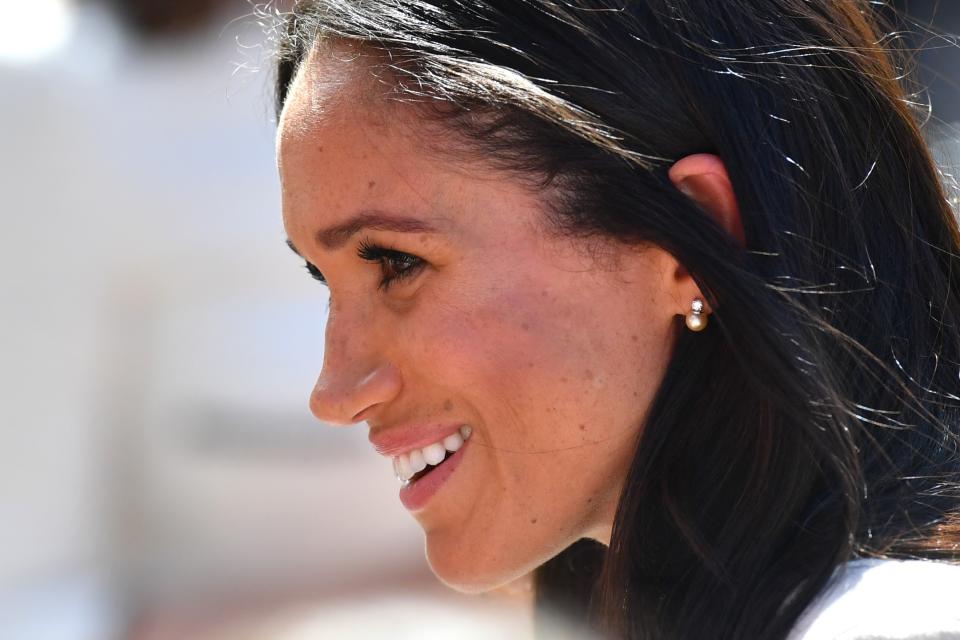 The earrings gifted to Meghan Markle by the Queen, pictured in June 2018. (Getty Images)