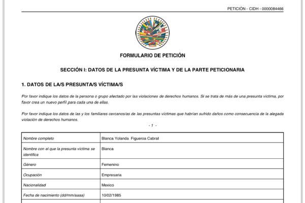 Documento de la queja que la familia de Blanca Yolanda, desaparecida en Zapopan, Jalisco, presentó ante la CIDH de la OEA