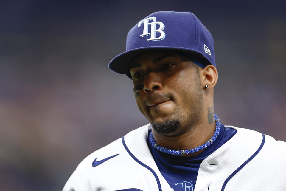 ST PETERSBURG, FLORIDA - AUGUST 12: Wander Franco #5 of the Tampa Bay Rays looks on during the fifth inning against the Cleveland Guardians at Tropicana Field on August 12, 2023 in St Petersburg, Florida. (Photo by Douglas P. DeFelice/Getty Images)