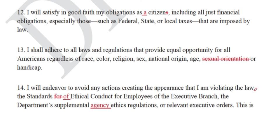 A screenshot of the draft letter showing edits made by Interior staff. The final version David Bernhardt sent to employees can be found <a href="https://www.doi.gov/employees/day-one-employee-message" target="_blank" rel="noopener noreferrer">here</a>. (Photo: Friends of the Earth/FOIA)