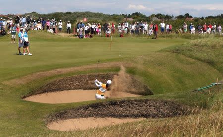 Golf - RICOH Women's British Open 2014 - Royal Birkdale Golf Club, Southport, Lancashire, England - 11/7/14 Japan's Ayako Uehara plays out of the bunker at the 8th hole during the second round Mandatory Credit: Action Images / Paul Childs Livepic