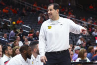 Baylor coach Scott Drew talks to the team during the first half of an NCAA college basketball game against Virginia on Friday, Nov. 18, 2022, in Las Vegas. (AP Photo/Chase Stevens)