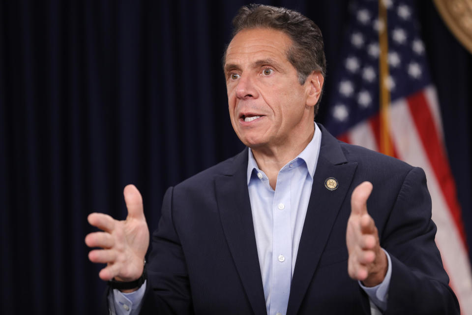 New York Gov. Andrew Cuomo speaks to reporters after signing a bill that increases the statute of limitations in rape cases in New York, Wednesday, Sept. 18, 2019. (AP Photo/Seth Wenig)