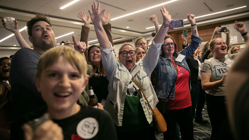 Supporters of the Ohio ballot measure Issue 1 react at an election night watch party in Columbus on November 7, 2023. - Maddie McGarvey/The New York Times/Redux