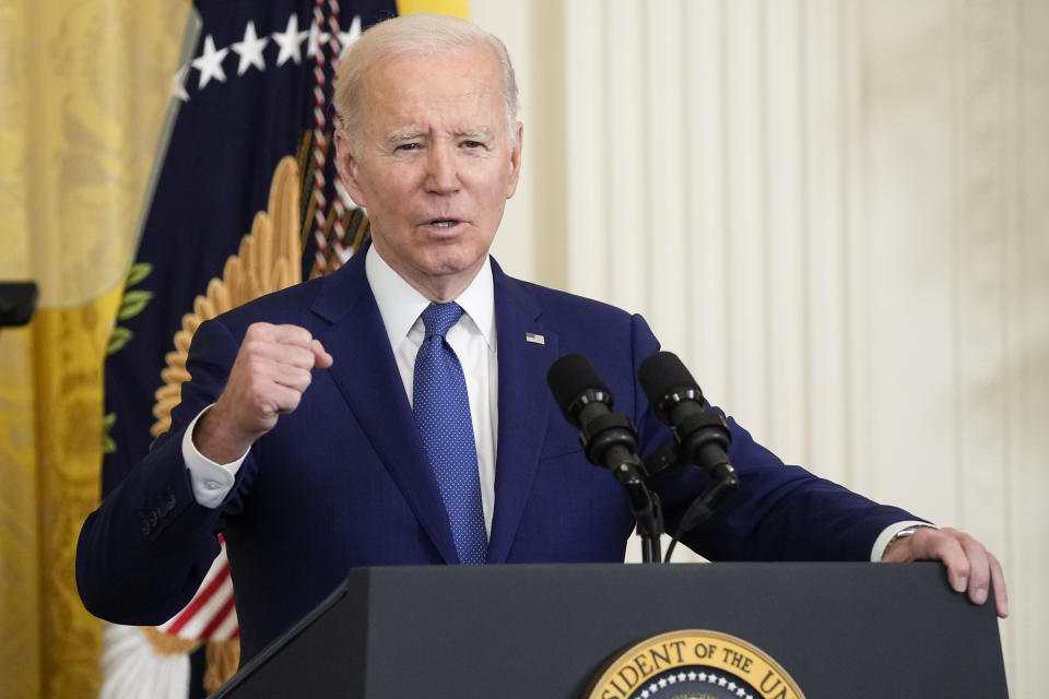 FILE - President Joe Biden speaks in the East Room of the White House in Washington, March 23, 2023. In the federal budget standoff, the majority of U.S. adults are asking lawmakers to pull off the impossible: Cut the overall size of government, but also devote more money to the most popular and expensive programs. (AP Photo/Susan Walsh, File)