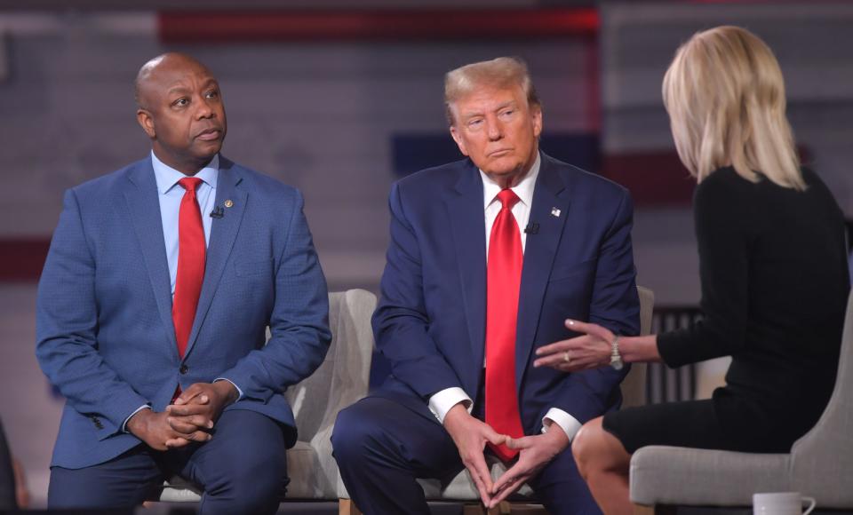 Donald Trump brought his returning bid for the White House to Greenville, S.C. The former President was in town for a Ingraham Angle Town Hall at the Greenville Convention Center on Tuesday, Feb. 20, 2024. South Carolina Sen. Tim Scott, left, joins Trump on stage with host Laura Ingraham.
