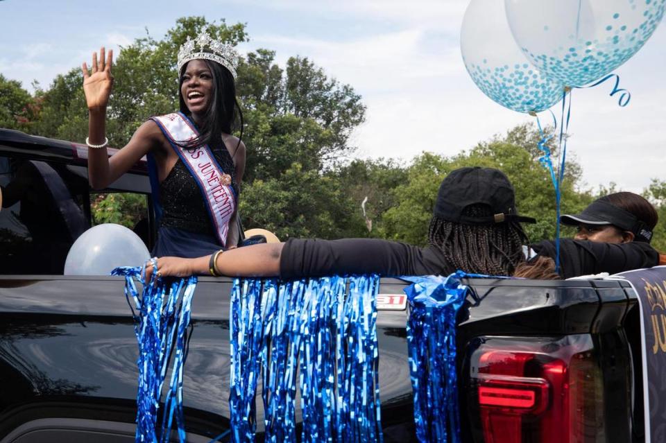 Miss Juneteenth Precious Maku waves at the crowd during the Como Day Parade on Monday, July 5, 2021, in Fort Worth.