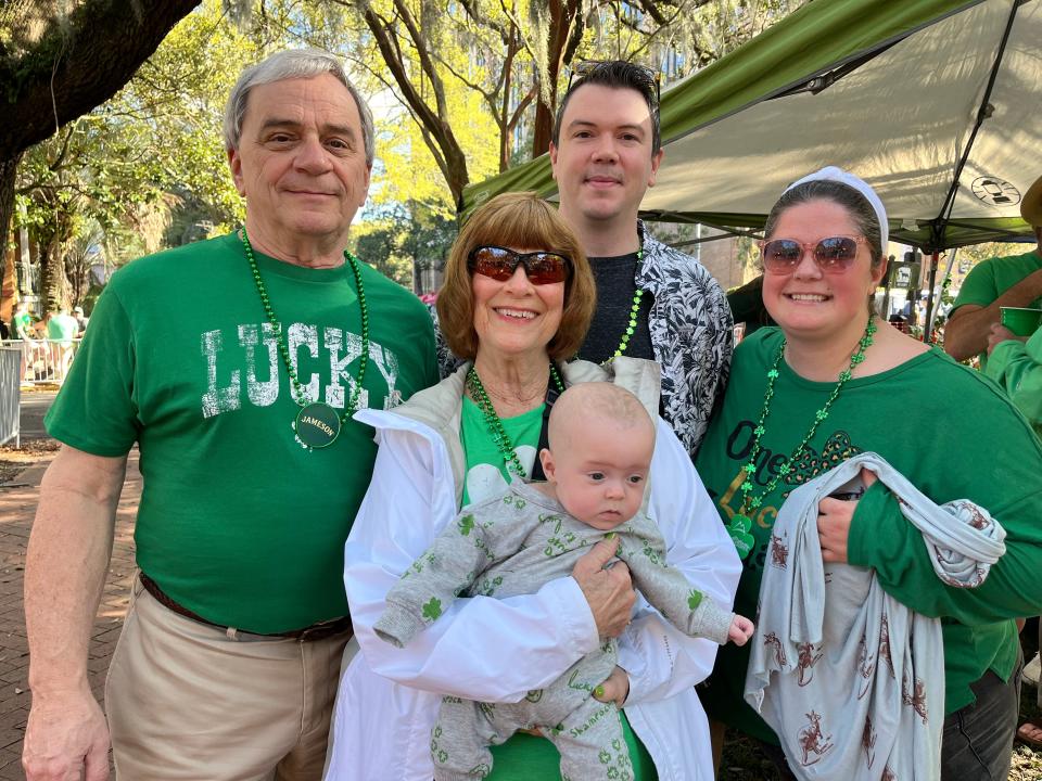 Three-month old Arlo Rue Horsley with mom Emily Horsley. Also celebrating in Madison Square are Arlo’s dad, Mick Horsley, and great-grandparents Nancy and Bob Calisti from Pittsburgh, who are attending their first Savannah St. Patrick’s Day Parade.
