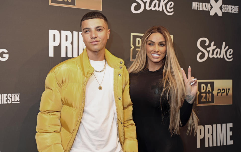 Junior Andre and Katie Price arrive for the KSI v FaZe Temperrr fight at OVO Arena, Wembley in London. Picture date: Saturday January 14, 2023. (Photo by Suzan Moore/PA Images via Getty Images)