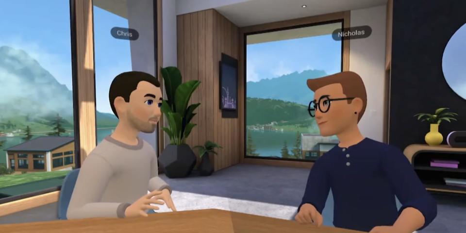 A cartoonish depiction of Chris Cox (left) and Nich Carlson (right) chatting in the metaverse.