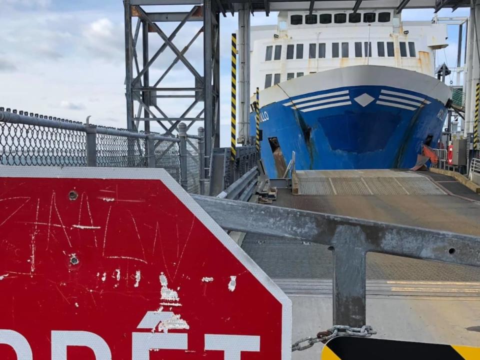 The NM Apollo ferry at the wharf in Matane in March, 2019. An investigation by the Transportation Safety Board of Canada found that Quebec's ferry agency failed to carry out a pre-sale inspection when purchased the boat at a cost of $2.1 million (Michel-Félix Tremblay/Radio-Canada - image credit)