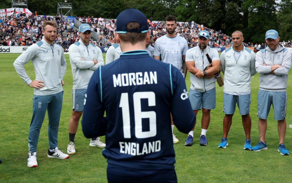 Captain Eoin Morgan presents Jos Buttler of England with his 150th cap before the 2nd One Day International between Netherlands and England at VRA Cricket Ground on June 19, 2022 in Amstelveen, Netherlands - GETTY IMAGES