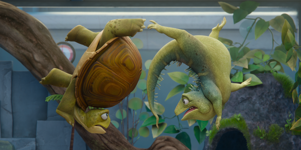 Leo (voiced by Adam Sandler, right) is tired of being a class pet alongside Squirtle the Turtle and plans his escape in the Netflix coming-of-age animated musical comedy "Leo."