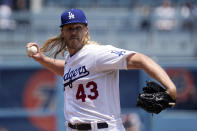 Los Angeles Dodgers starting pitcher Noah Syndergaard throws to the plate during the first inning of a baseball game against the St. Louis Cardinals Sunday, April 30, 2023, in Los Angeles. (AP Photo/Mark J. Terrill)