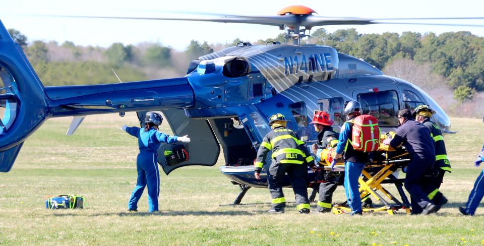 Rescuers took an injured man to Rhode Island Hospital Friday afternoon after he was hurt when a 34-foot boat fell on him at Moniz Circle in Osterville.