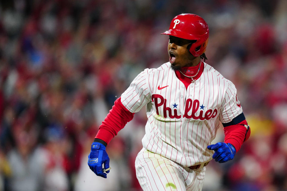 PHILADELPHIA, PA - OCTOBER 21:   Jean Segura #2 of the Philadelphia Phillies reacts after hitting a one RBI single in the fourth inning during Game 3 of the NLCS between the San Diego Padres and the Philadelphia Phillies at Citizens Bank Park on Friday, October 21, 2022 in Philadelphia, Pennsylvania. (Photo by Daniel Shirey/MLB Photos via Getty Images)