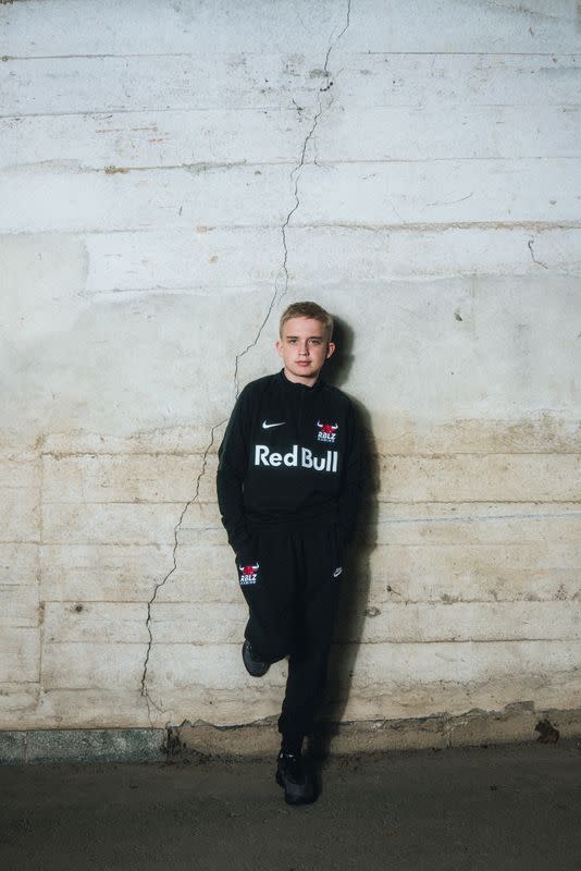 FIFA 21 gamer Anders Vejrgang poses for a photo at the Red Bull Arena in Leipzig