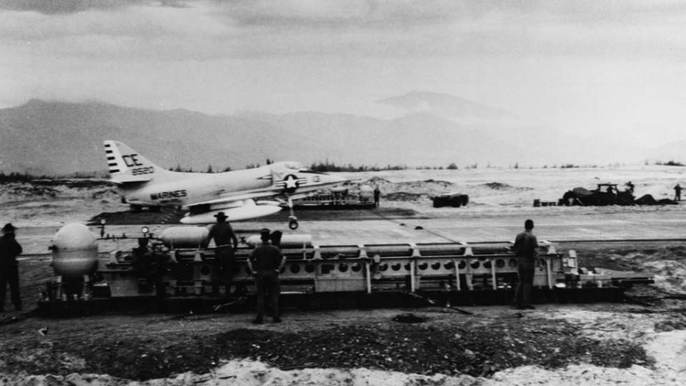 An A-4C Skyhawk makes what is purportedly the first landing using the SATS system at Chu Lai, on June 1, 1965. <em>U.S. Navy</em>