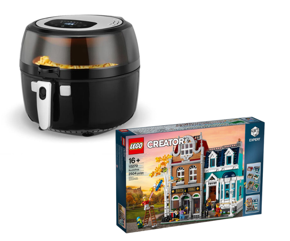 A black air fryer sits on the top left on a white background with an image of a lego box on the bottom right against a white background.
