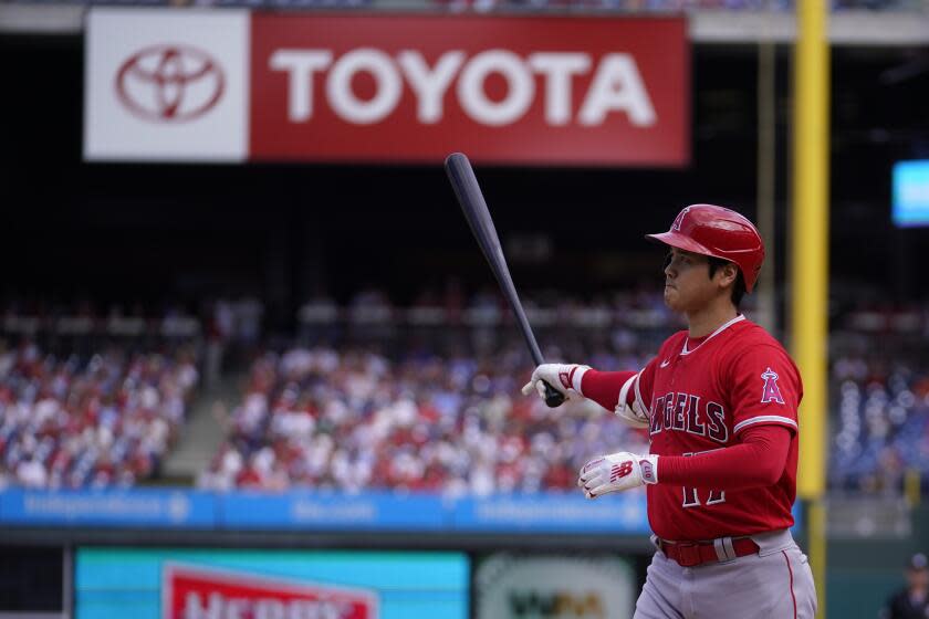 Los Angeles Angels' Shohei Ohtani reacts during a baseball game, Wednesday, Aug. 30, 2023, in Philadelphia. (AP Photo/Matt Slocum)