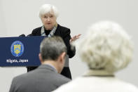 U.S. Treasury Secretary Janet Yellen answers a question from a journalist during a press conference, at the G7 meeting of Finance Ministers and Central Bank Governors, at Toki Messe in Niigata, Japan, Thursday, May 11, 2023. (AP Photo/Shuji Kajiyama, Pool)