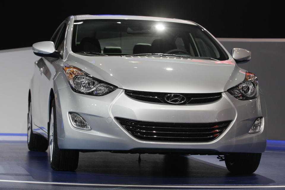 FILE - A 2013 Hyundai Elantra Coupe is shown at the Chicago Auto Show in Chicago on Feb. 8, 2012. In September, 2023, Hyundai and Kia issued a recall of 3.4 million of its vehicles in the United States, including the 2013 Hyundai Elantra. (AP Photo/Nam Y. Huh, File)