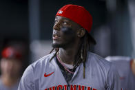 Cincinnati Reds' Elly De La Cruz walks through the dugout after a baseball game against the Texas Rangers in Arlington, Texas, Saturday, April 27, 2024. (AP Photo/Gareth Patterson)