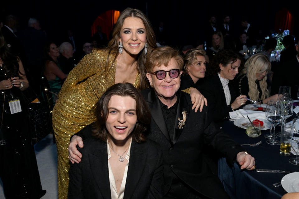 WEST HOLLYWOOD, CALIFORNIA - MARCH 10: (Exclusive Coverage) (L-R) Damian Hurley, Elizabeth Hurley and Elton John attend the Elton John AIDS Foundation's 32nd Annual Academy Awards Viewing Party on March 10, 2024 in West Hollywood, California. (Photo by Michael Kovac/Getty Images for Elton John AIDS Foundation)