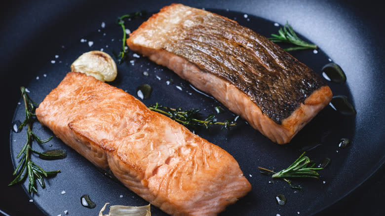 Salmon in frying pan