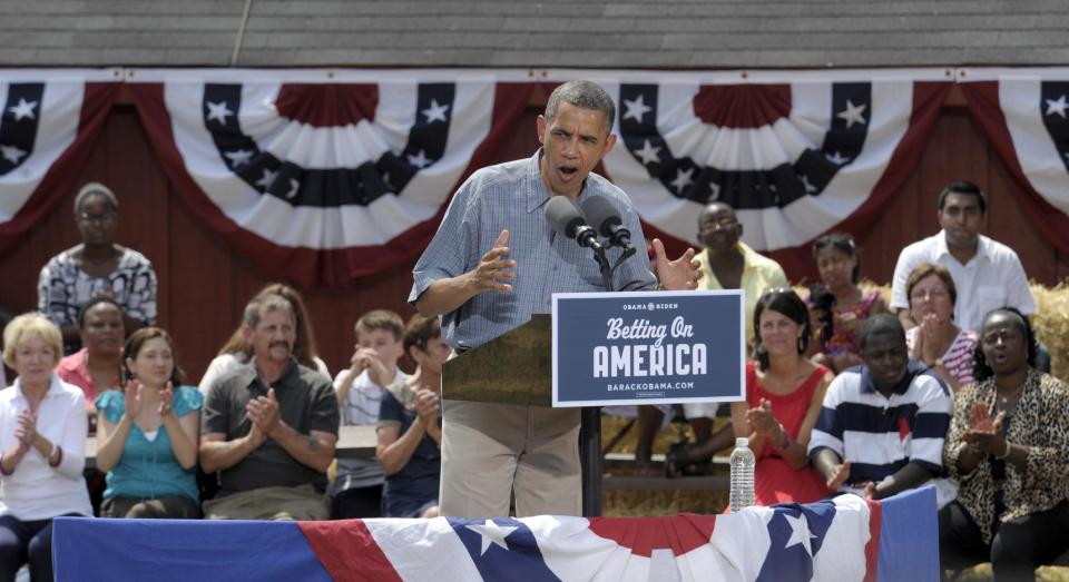 President Barack Obama speaks at the Wolcott House Museum Complex in Maumee, Ohio, Thursday, July 5, 2012. Obama is on a two-day bus trip through Ohio and Pennsylvania.(AP Photo/Susan Walsh)