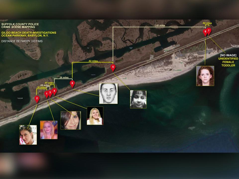 Map showing sites where victims’ remains found along Gilgo Beach (Suffolk County Police Department)