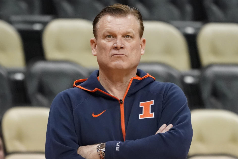 FILE - Illinois head coach Brad Underwood watches his team as they practice for the first round of the NCAA men's college basketball tournament, Thursday, March 17, 2022, in Pittsburgh. Underwood believes a new crop of talent can help his team stay near the top of the Big Ten. (AP Photo/Keith Srakocic, File)