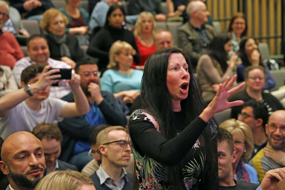 The hustings were interrupted by two hecklers Gym owner Andreas Michli (Shaven Head) also standing as a London mayoral candidate and an unknown woman. Later both were ejected and Andreas posed by a police car (Nigel Howard / NIGEL HOWARD MEDIA)
